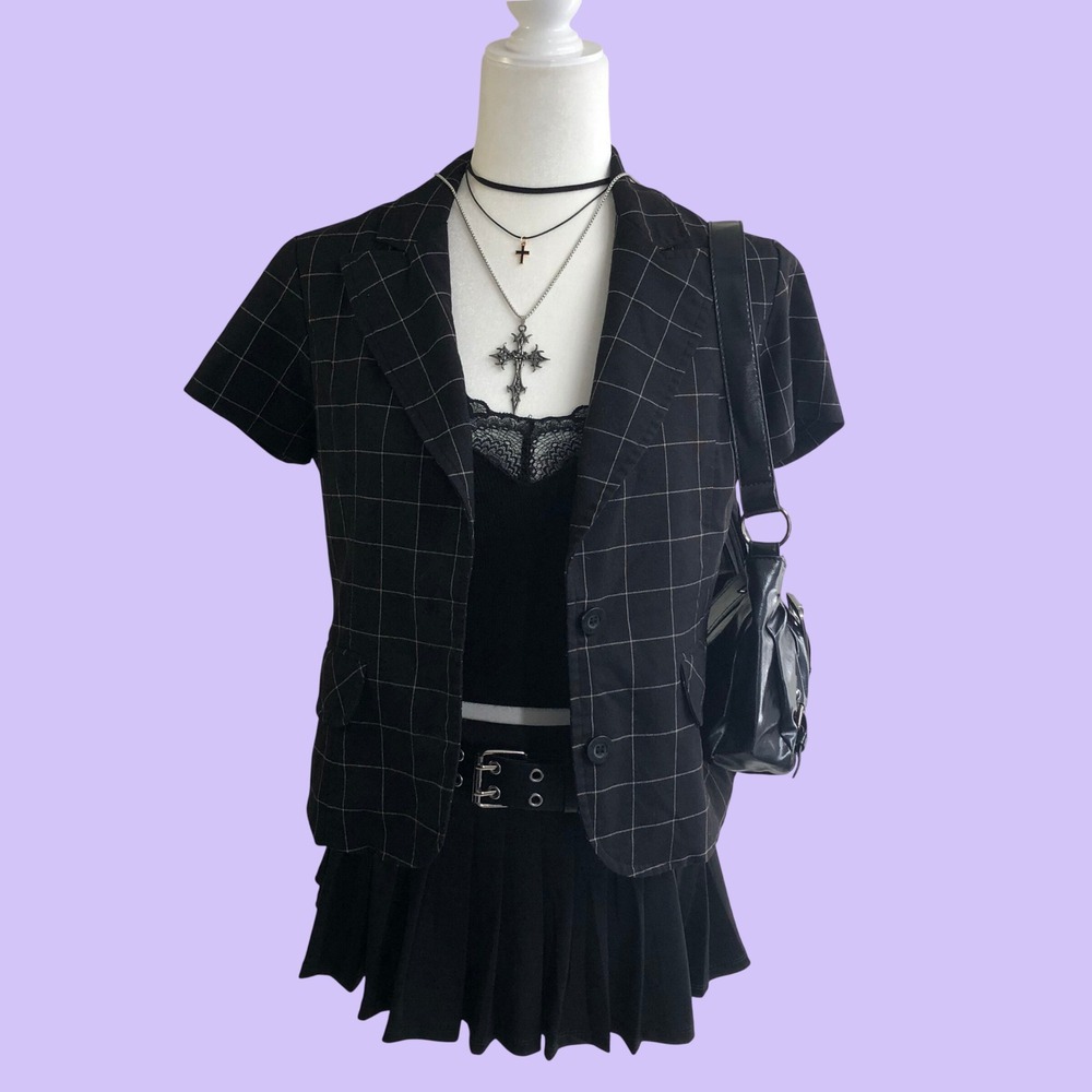 Vintage Y2K Black Plaid Blazer Womens Small 5/6 Office Siren Short Sleeve 2000s